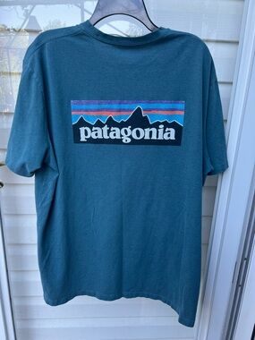 Patagonia Teal Blue Short Sleeve Tee with Multicolor Logo men Xl